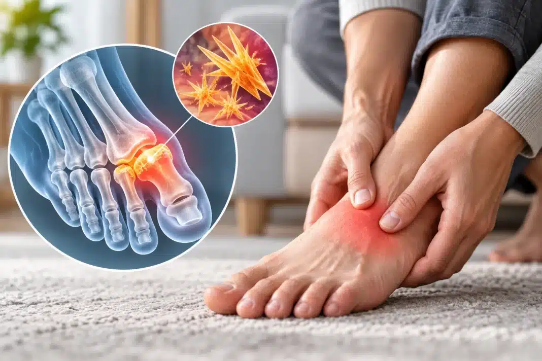 Gut Hastalığı Nedir? Belirtileri Nelerdir? Gut hastalığı belirtileri, ayak başparmağındaki eklem iltihabı ve ürat kristallerini gösteren sağlık görseli
