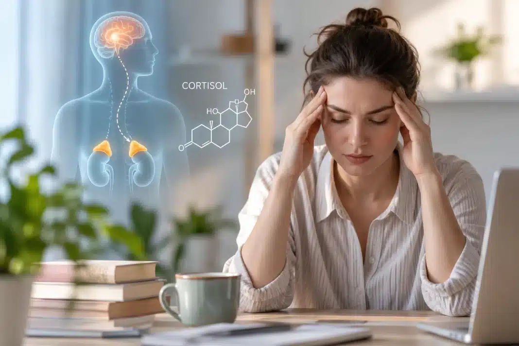 Kortizol Nedir? Kortizol Yüksekliği Belirtileri Kortizol yüksekliği belirtileri ve stres hormonunun vücuttaki etkilerini gösteren sağlık görseli