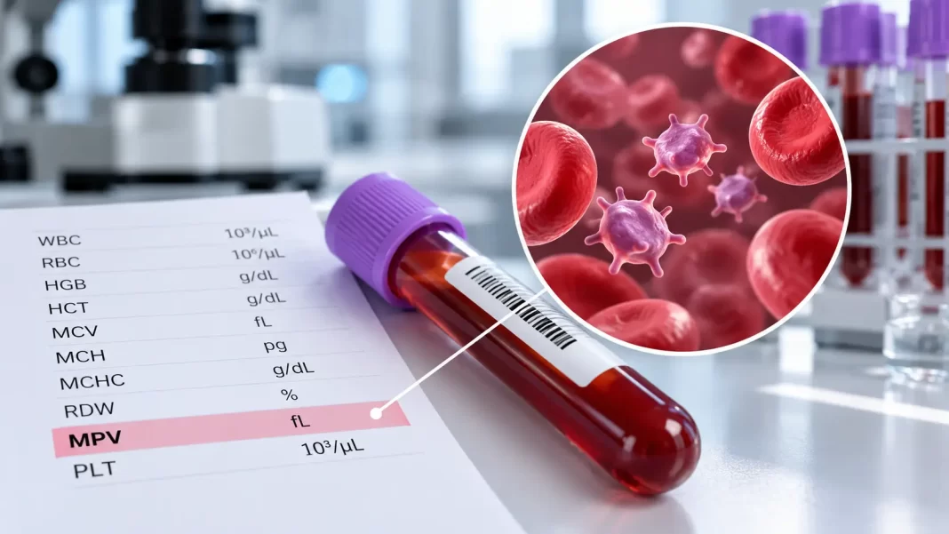 MPV Nedir? MPV Yüksekliği ve Düşüklüğü Ne Anlama Gelir? MPV yüksekliği ve düşüklüğünü, trombositleri ve kan tahlilindeki MPV değerini gösteren sağlık görseli